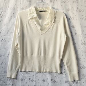 The Limited Cream Color V Neck Pullover Lace Colar Sweater